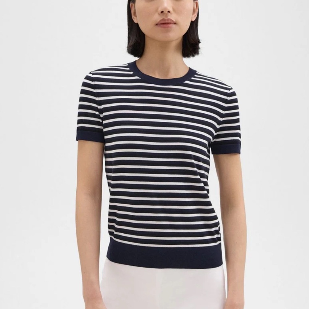 Theory Navy and White Striped Short Sleeve Sweater Tee